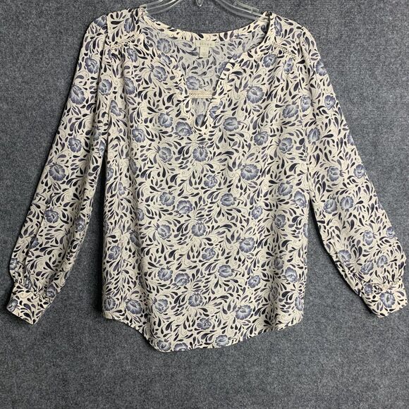 Hinge Airy Top Viscose Floral Women S Long Sleeve Pullover Notch V Neckline - Picture 1 of 13